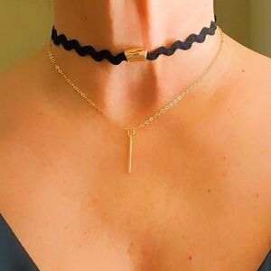 Black Ric Rac Double-Layer Choker with Gold Bar Pendant
